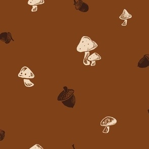 Large |  Mushrooms and Acorns Block Print on Rust Brown