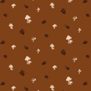 Small |  Mushrooms and Acorns Block Print on Rust Brown