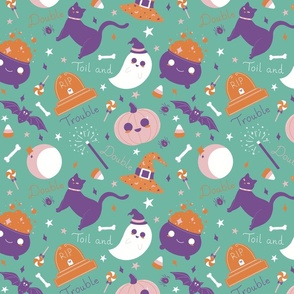 Toil and Trouble Pastel Halloween Ghost Cat Cauldron Candy Bat Grave Stone