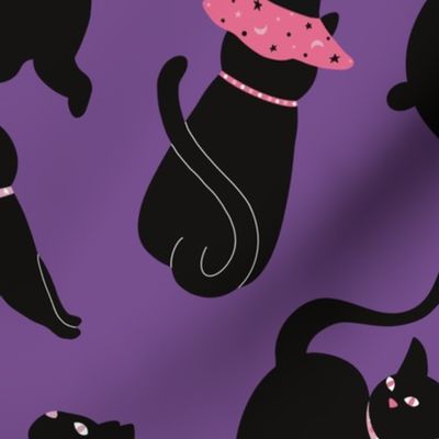 Halloween Magical Kawaii Black Cats on Dark Purple