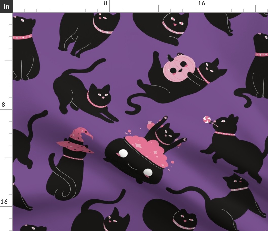 Halloween Magical Kawaii Black Cats on Dark Purple