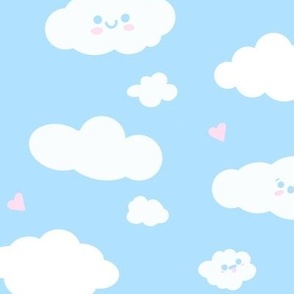 Kawaii Funny Sweet Pastel White. Clouds in Blue Sky with Pink Hearts