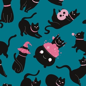 Halloween Magical Kawaii Black Cats on Dark Turquoise