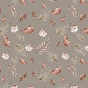 Falling Leaves and pinecones in Olive Grey 