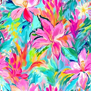 Watercolor pink lillies on blue