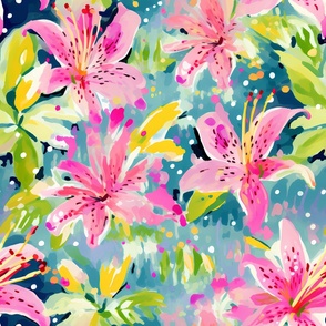 Watercolor lillies  on teal