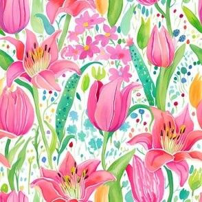 Pink tulips on white background