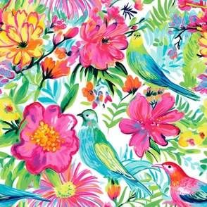 Vibrant flowers with birds on white background