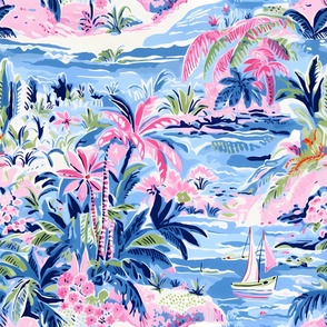 Preppy tropical with palms and sail boat