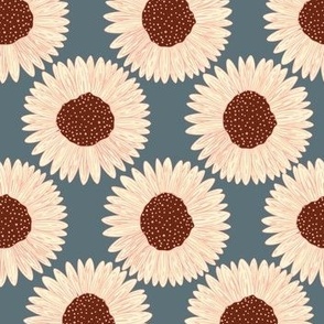 Sunflower Daze // Medium Peach Blue Brown pink sunflowers and daisies on navy blue for home decor, girls room, nursery, retro