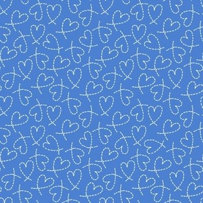 504 - Small scale brilliant vivid mid blue  dashed line curly love hearts tossed non directional for valentines, nursery, sweet baby accessories, children, kids apparel, funky teenager bed linen, party dresses and patchwork