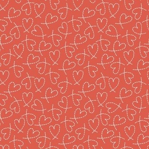 504 - Small scale vibrant bold tangerine orange dashed line curly love hearts tossed non directional for valentines, nursery, sweet baby accessories, children, kids apparel, funky teenager bed linen, party dresses and patchwork