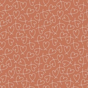 504 - Small scale dashed line curly burnt orange spice love hearts tossed non directional for valentines, nursery, sweet baby accessories, children, kids apparel, funky teenager bed linen, party dresses and patchwork