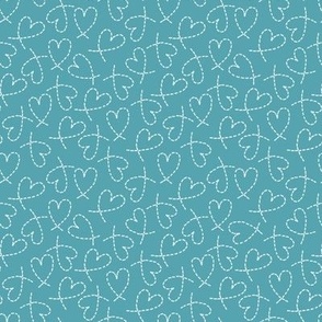 504 - Small scale dashed line curly turquoise teal love hearts tossed non directional for valentines, nursery, sweet baby accessories, children, kids apparel, funky teenager bed linen, party dresses and patchwork