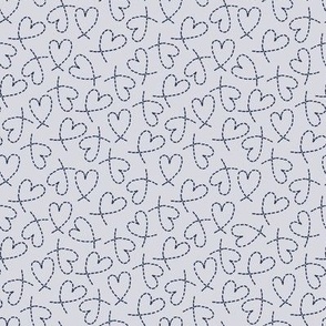 504 - Small scale dashed line cool neutral navy blue and grey curly love hearts tossed non directional for valentines, nursery, sweet baby accessories, children, kids apparel, funky teenager bed linen, party dresses and patchwork