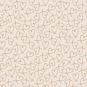 504 - Small scale dashed line coffee and cream curly love hearts tossed non directional for valentines, nursery, sweet baby accessories, children, kids apparel, funky teenager bed linen, party dresses and patchwork