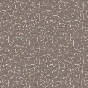 504 - Small scale dashed  warm dark neutral gray line curly love hearts tossed non directional for valentines, nursery, sweet baby accessories, children, kids apparel, funky teenager bed linen, party dresses and patchwork