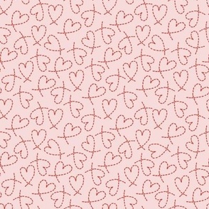 504 - Small scale dashed line pink and red curly love hearts tossed non directional for valentines, nursery, sweet baby accessories, children, kids apparel, funky teenager bed linen, party dresses and patchwork