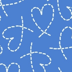 504 - Large scale dashed line bright royal mid blue curly love hearts tossed non directional for valentines, nursery, sweet baby accessories, children, kids apparel, funky teenager wallpaper