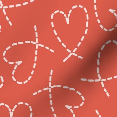 504 $ - tangerine valentines Large scale dashed line red orange curly love hearts tossed non directional for valentines, nursery, sweet baby accessories, children, kids apparel, funky teenager wallpaper