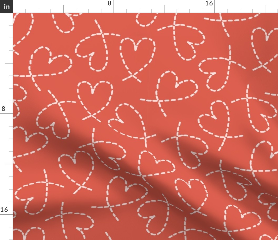 504 $ - tangerine valentines Large scale dashed line red orange curly love hearts tossed non directional for valentines, nursery, sweet baby accessories, children, kids apparel, funky teenager wallpaper