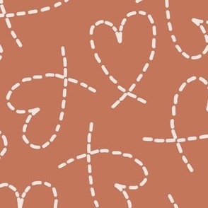 504 - Large scale dashed burnt pumpkin umber and cream line curly love hearts tossed non directional for valentines, nursery, sweet baby accessories, children, kids apparel, funky teenager wallpaper