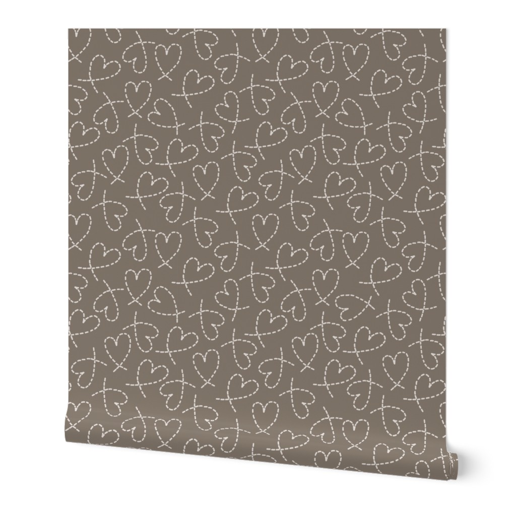 504 - Large scale dashed line cool neutral greige gray beige curly love hearts tossed non directional for valentines, nursery, sweet baby accessories, children, kids apparel, funky teenager wallpaper