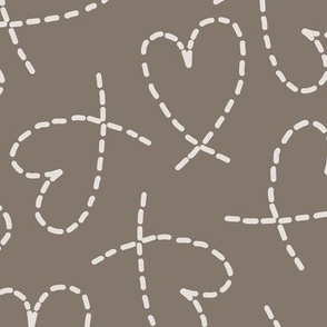 504 - Large scale dashed line cool neutral greige gray beige curly love hearts tossed non directional for valentines, nursery, sweet baby accessories, children, kids apparel, funky teenager wallpaper