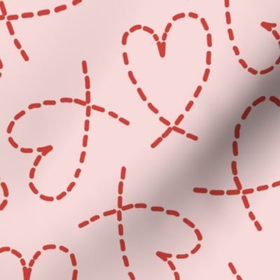 504 $ - Large scale dashed red and pink line curly love hearts tossed non directional for valentines, nursery, sweet baby accessories, children, kids apparel, funky teenager wallpaper