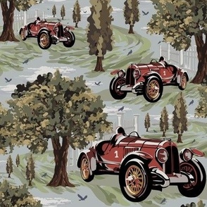 Vintage Car Transportation Scene, Retro Looking Red Racing Car Countryside Scene, Green Parkland Trees on Blue Sky Flying Birds (Medium Scale)