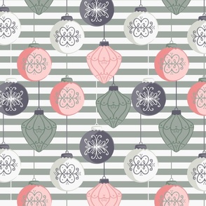 Pink Green Ornaments on Green Stripes