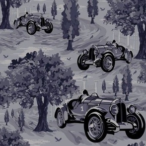 Monochrome Blue Ink Toile De Jouy, Old Retro Vintage Classic Car, English Country Woodland Tree Park Landscape for Cars