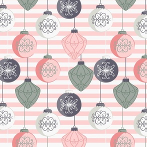 Pink Green Ornaments on Pink Stripes
