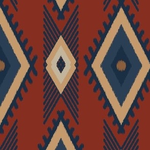Lake House dark red, indigo navy blue, caramel  native Kilim Ikat inspired geometric 