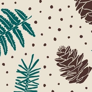 Ferns & Pine Cones - Jumbo - Panna Cotta Cream & Night Swim Teal Multi- Festive Forest