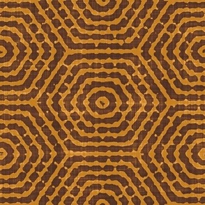 Retro Concentric Striped Hexagons Batik Block Print in Cinnamon Brown and Desert Sun (Large Scale)