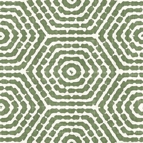 Retro Concentric Striped Hexagons Batik Block Print in Sage Green and Natural White (Large Scale)
