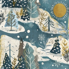 Sunny Lake Winter Scene with snowflakes on a Lake_Medium