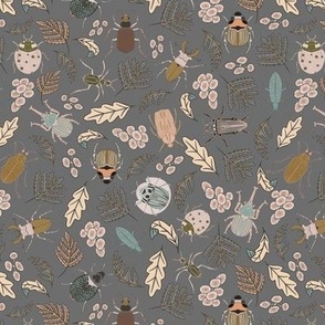 Beetle Forage // Medium Grey Cream and Peach beetles with leaves and flowers for boys room, kids room, homeschool room, class room