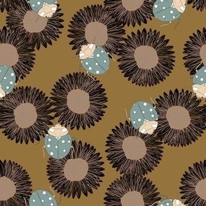 Sunny Ladybugs // Medium Gold Brown and Turquoise ladybugs on black sunflowers and daisies for nursery, baby girls room, girls room, kids bedding, girls dress