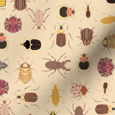 Beetle Crossing // Medium Tan Yellow Brown beetles and insects on tan for kids room, boys room, school room, playful bugs