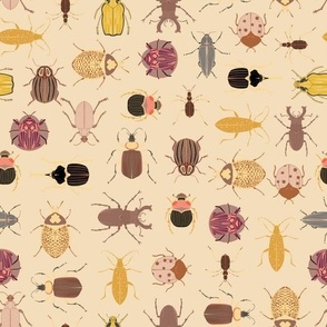 Beetle Crossing // Medium Tan Yellow Brown beetles and insects on tan for kids room, boys room, school room, playful bugs