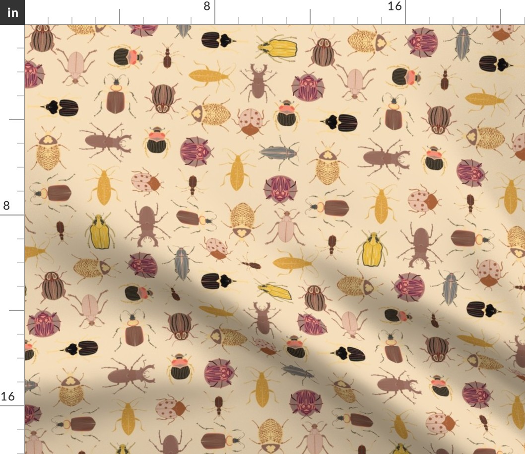 Beetle Crossing // Medium Tan Yellow Brown beetles and insects on tan for kids room, boys room, school room, playful bugs