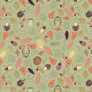 Beetle Forage // Small  Sage Peach Brown beetles, insects, ladybugs, kids room, classroom, school room, science