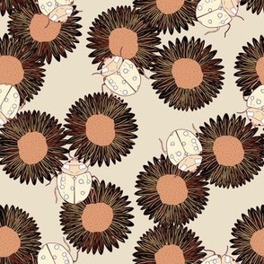 Sunny Ladybugs // Medium Tan Dark Brown Peach ladybugs on black sunflowers and daisies for nursery, baby girls room, girls room, kids bedding, girls dress