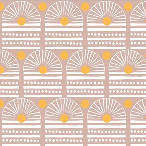 apricity of the setting desert sun - archway horizon stripes and dot s- cameo rose neutral brown and daffodil golden yellow