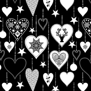 Christmas Love Heart Shaped Ornaments Hygge Folk Art Style White On Black Large Scale