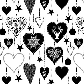 Christmas Love Heart Shaped Ornaments Hygge Folk Art Style Black On White