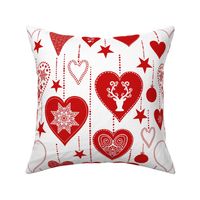 Christmas Love Heart Shaped Ornaments Hygge Folk Art Style Red On White Large Scale