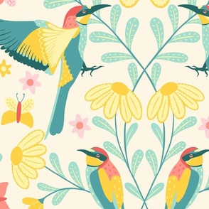 (xl) „Bee-Eater“ Bird with leaves and flowers in yellow teal red and pink